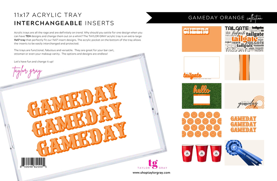 Acrylic tray with interchangeable Gameday inserts in orange and white.