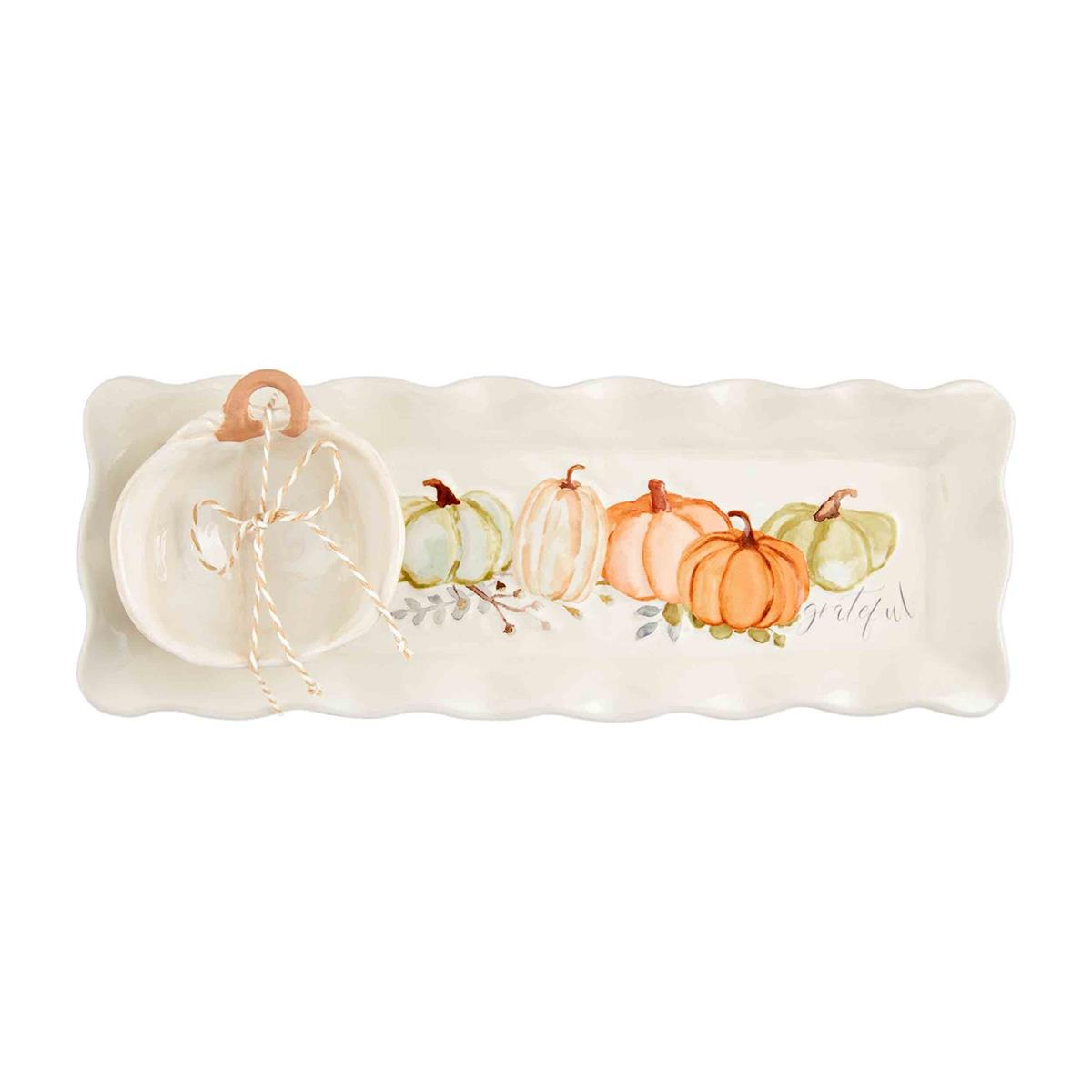Grateful Tray & Dip stoneware serving set with a natural earth-toned glaze and simple silhouette.