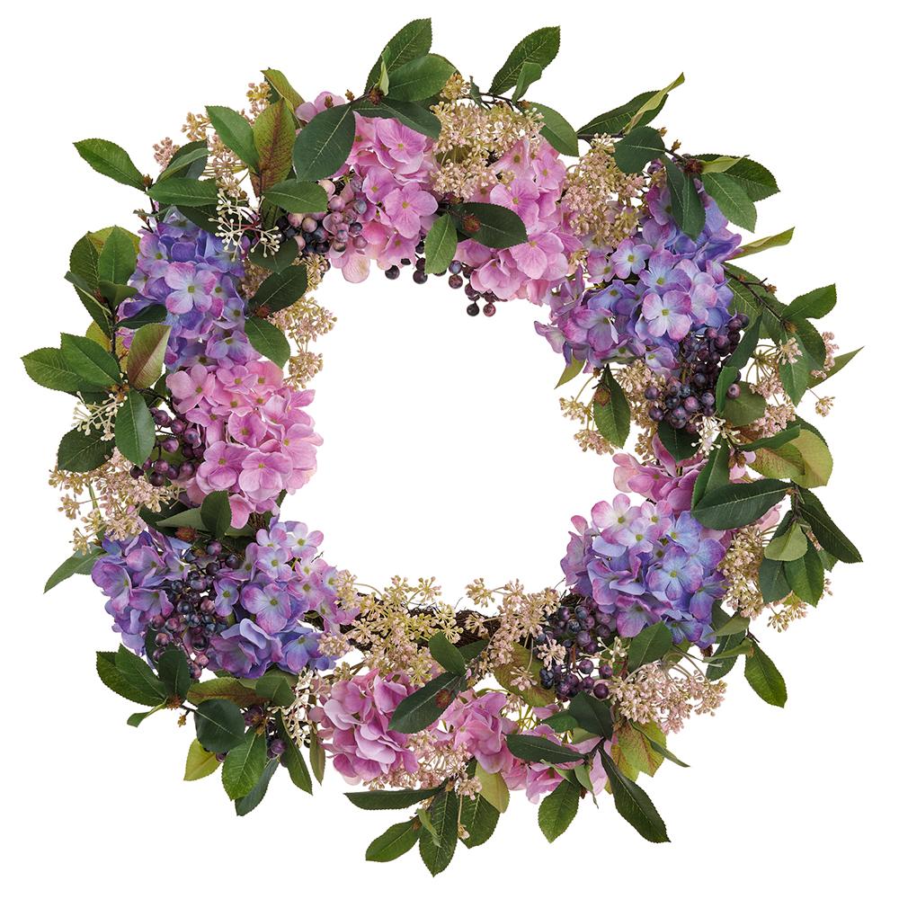 Round wreath featuring hydrangea blooms mixed with Queen Anne's Lace flowers in white and cream tones.