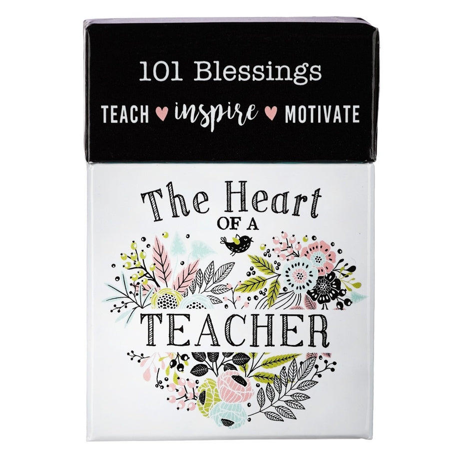 Box of Blessings Heart of a Teacher with 101 cards featuring floral designs and black lid.