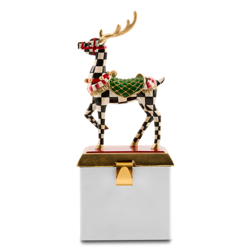 Westminster Deer Stocking Holder featuring a checkered reindeer with gold antlers on a white base.