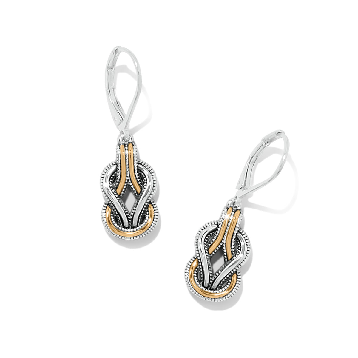 Interlok Harmony two-tone silver and gold leverback earrings with an intricate knot design.