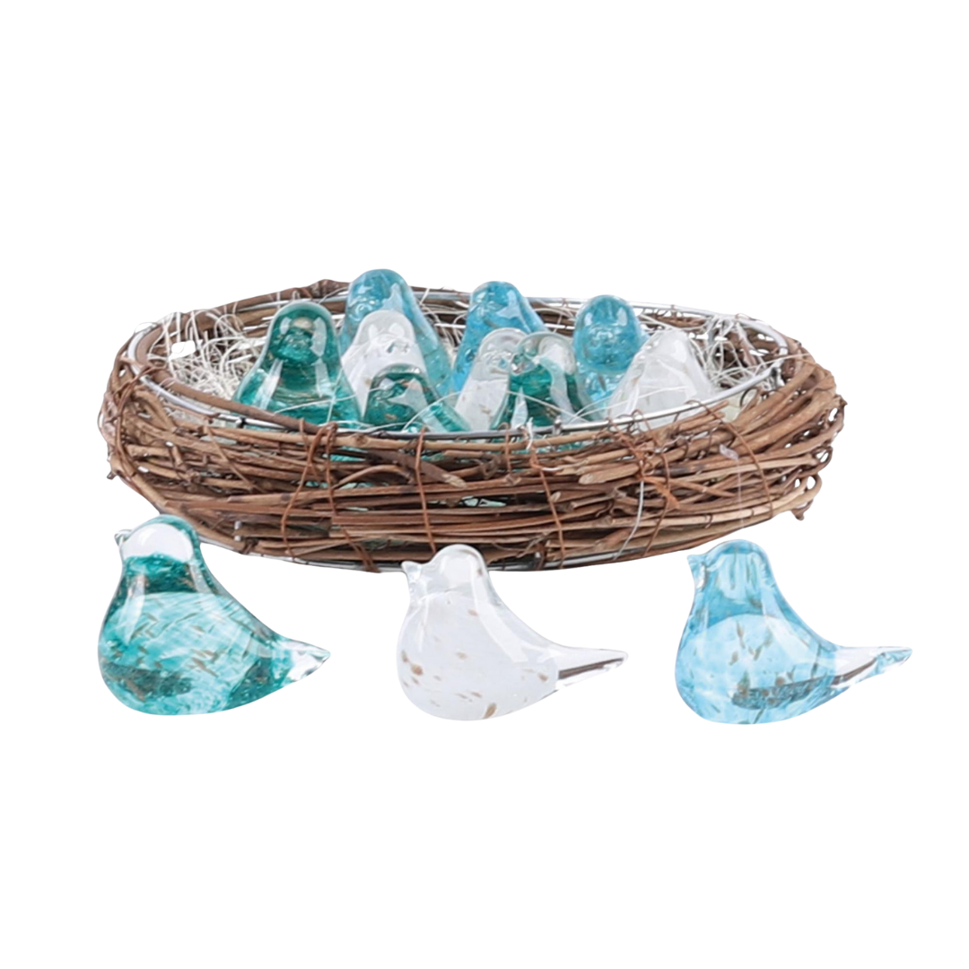 Mini glass figurine shaped like blue birds with a square base.