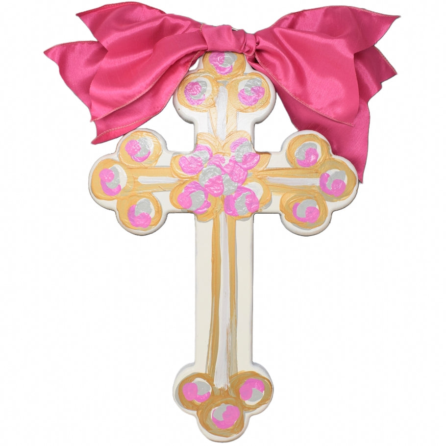 Hand-painted MDF cross with a satin bow top, gold back paint, artist signature, and slight design variations.