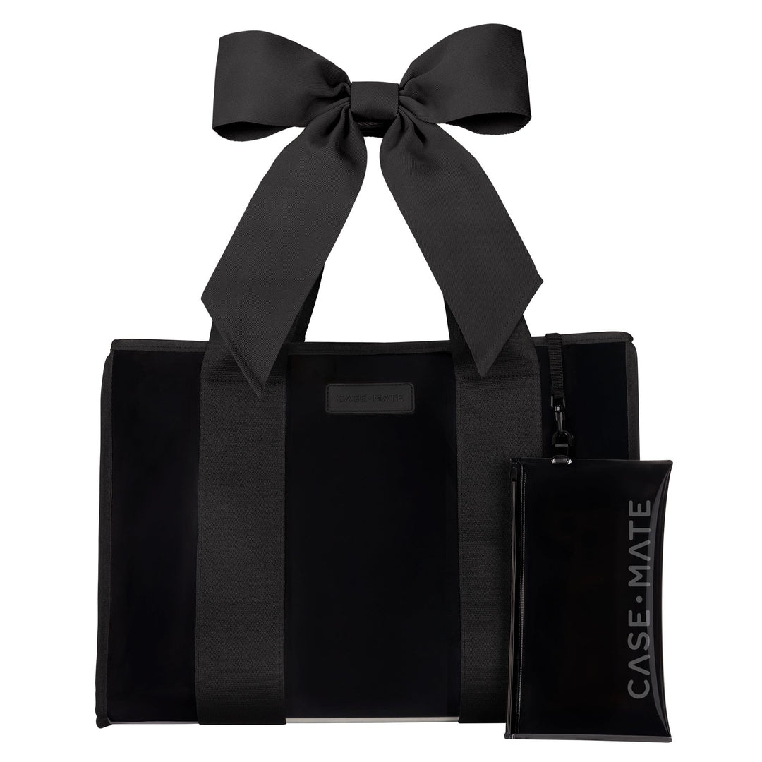 Black Jelly Bow Tote bag with wide jacquard straps and a matching detachable phone pouch.