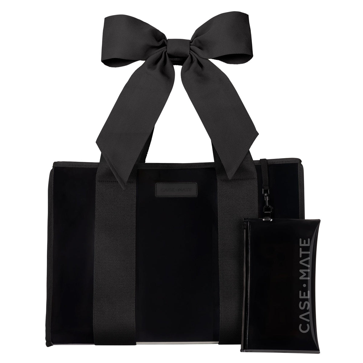 Black Jelly Bow Tote bag with wide jacquard straps and a matching detachable phone pouch.