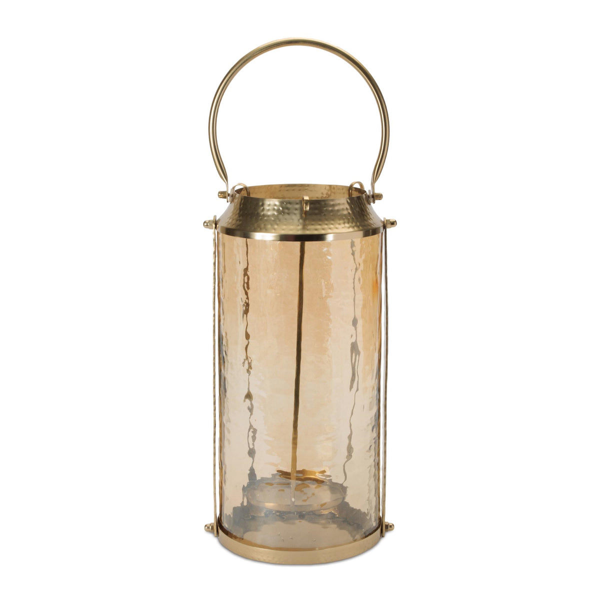 7.25 inch diameter hammered glass lantern with a brushed brass frame and handle.