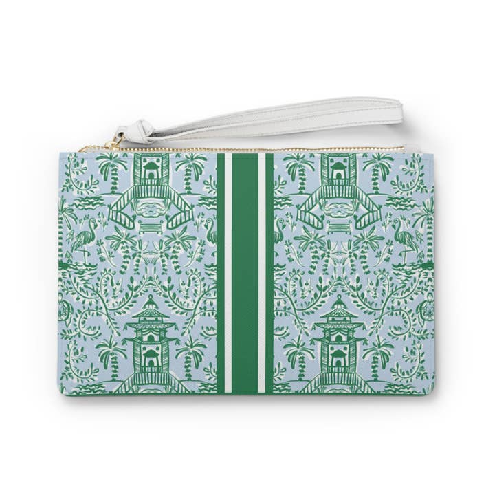 Mahjong card pouch with a green and blue chinoiserie pattern, white wristlet, and gold zipper.