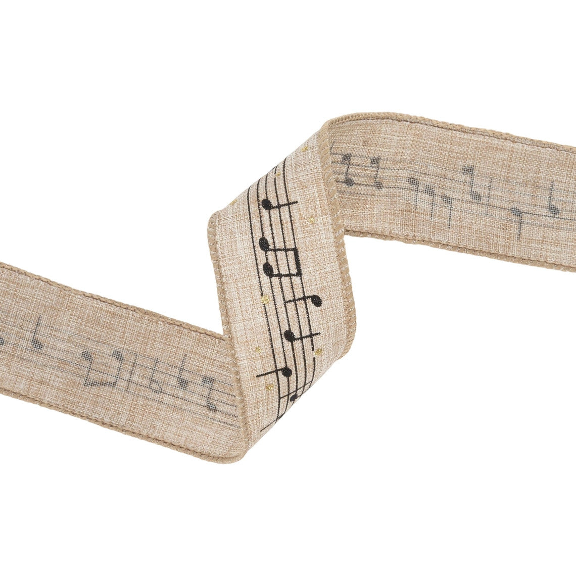 1 1/2 inch wired natural linen-look ribbon featuring black musical notes and staff lines.