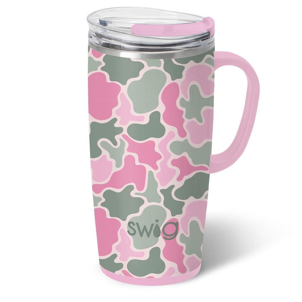Silver stainless steel travel mug with a slim metal handle and large lid.