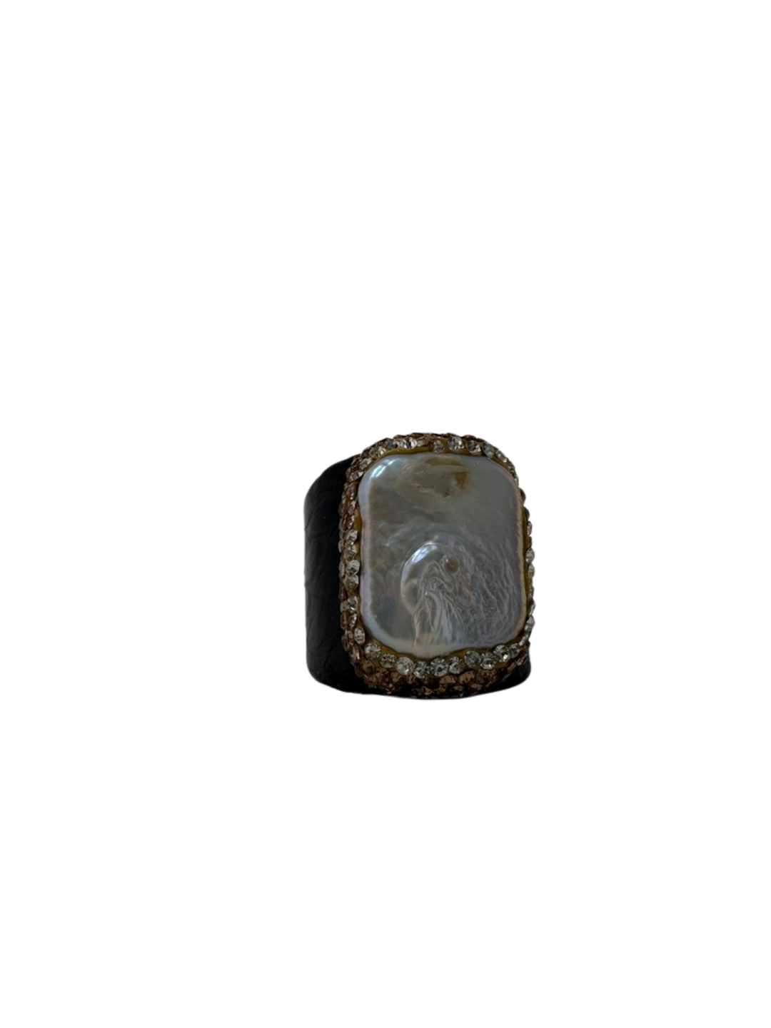 Fashion ring featuring a large rectangular iridescent pearl center surrounded by small crystals.