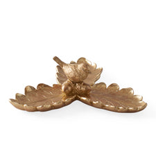 8.75 inch gold resin tray featuring three oak leaves, a bird, and acorns.