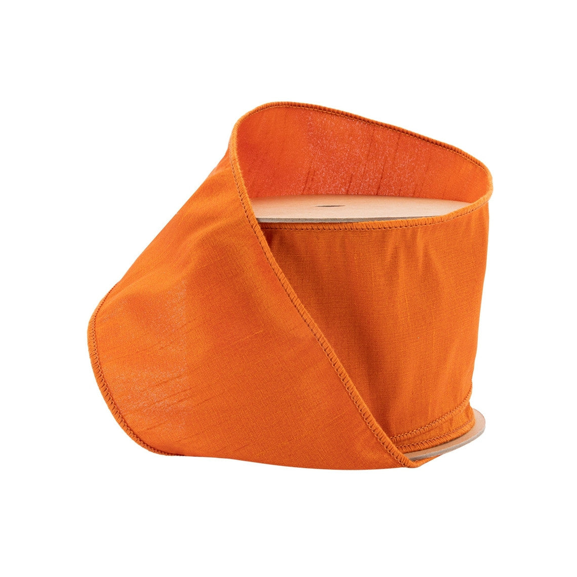 4 inch wide pumpkin orange wired dupioni ribbon on a spool.