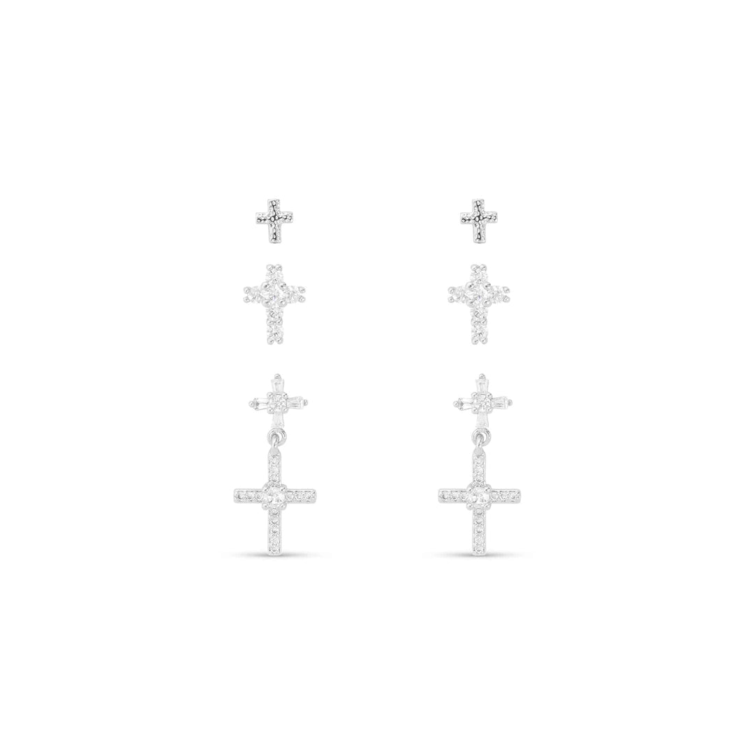 CZ Trio Cross with Drop Earrings set in silver featuring three pairs of cubic zirconia crosses.