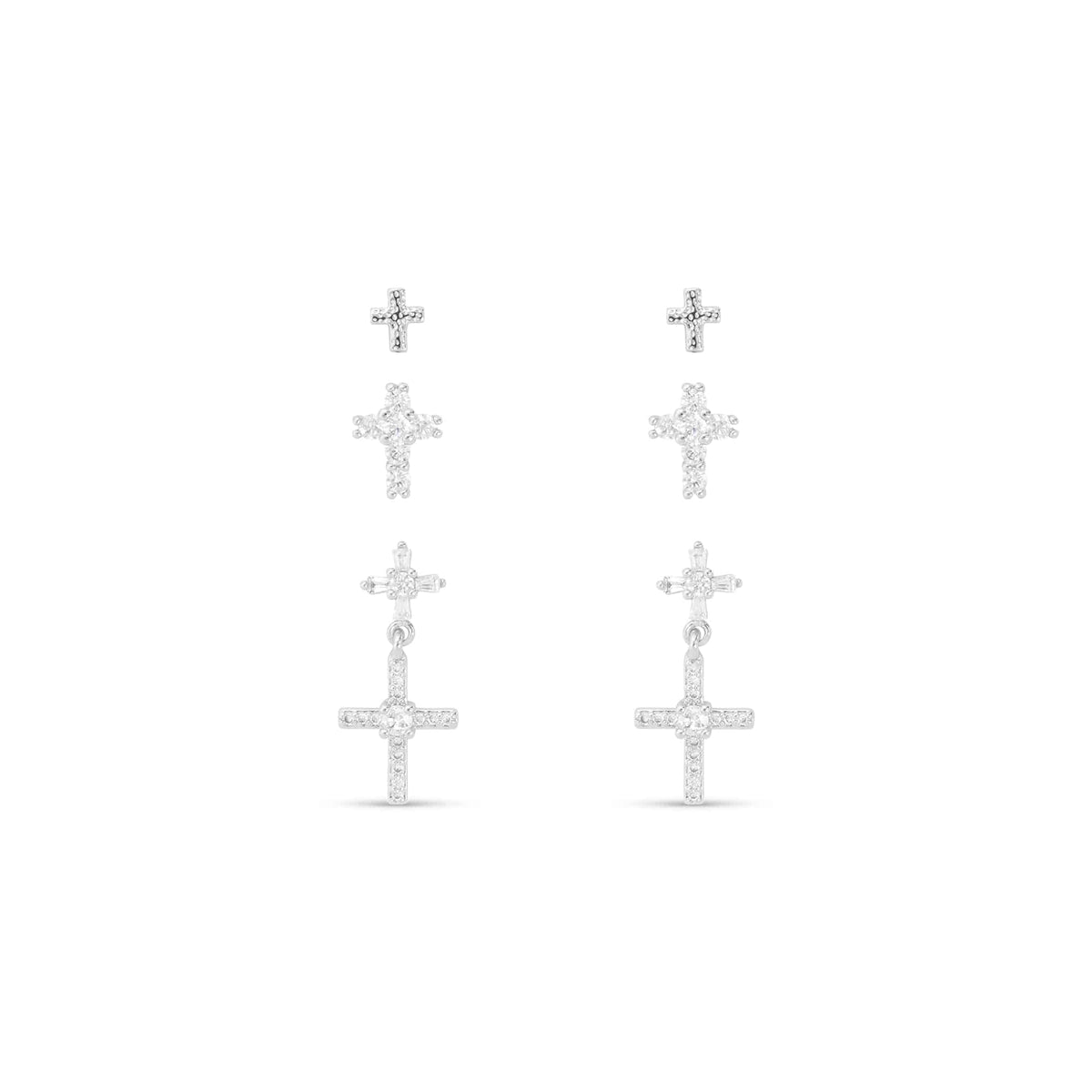 CZ Trio Cross with Drop Earrings set in silver featuring three pairs of cubic zirconia crosses.