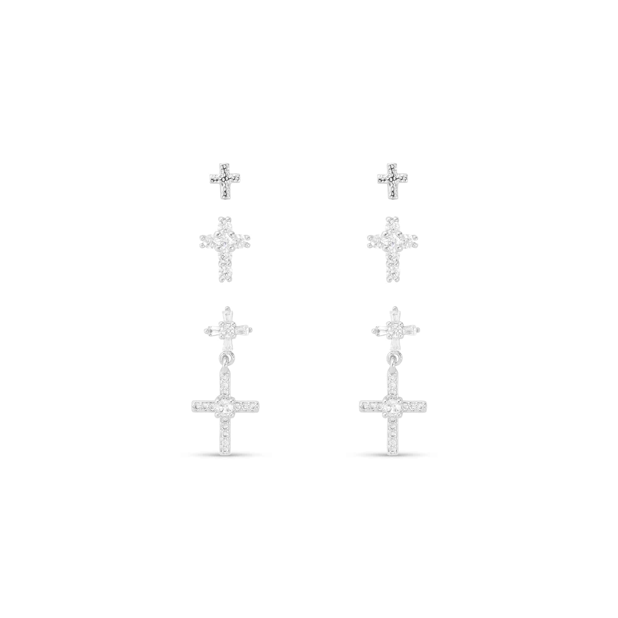 CZ Trio Cross with Drop Earrings set in silver featuring three pairs of cubic zirconia crosses.