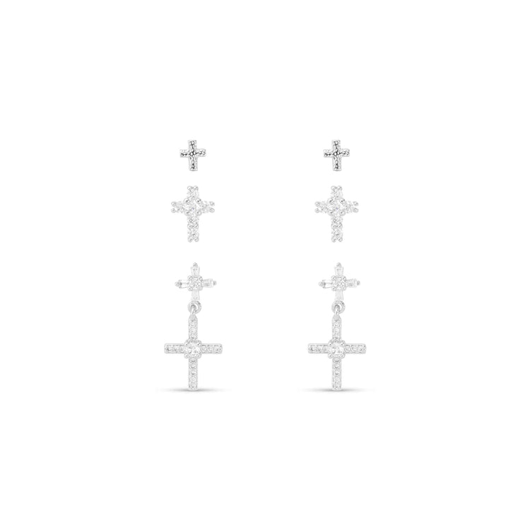 CZ Trio Cross with Drop Earrings set in silver featuring three pairs of cubic zirconia crosses.