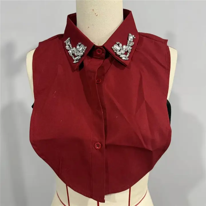 Burgundy detachable shirt collar with diamond-studded crystal embellishments on the lapels.