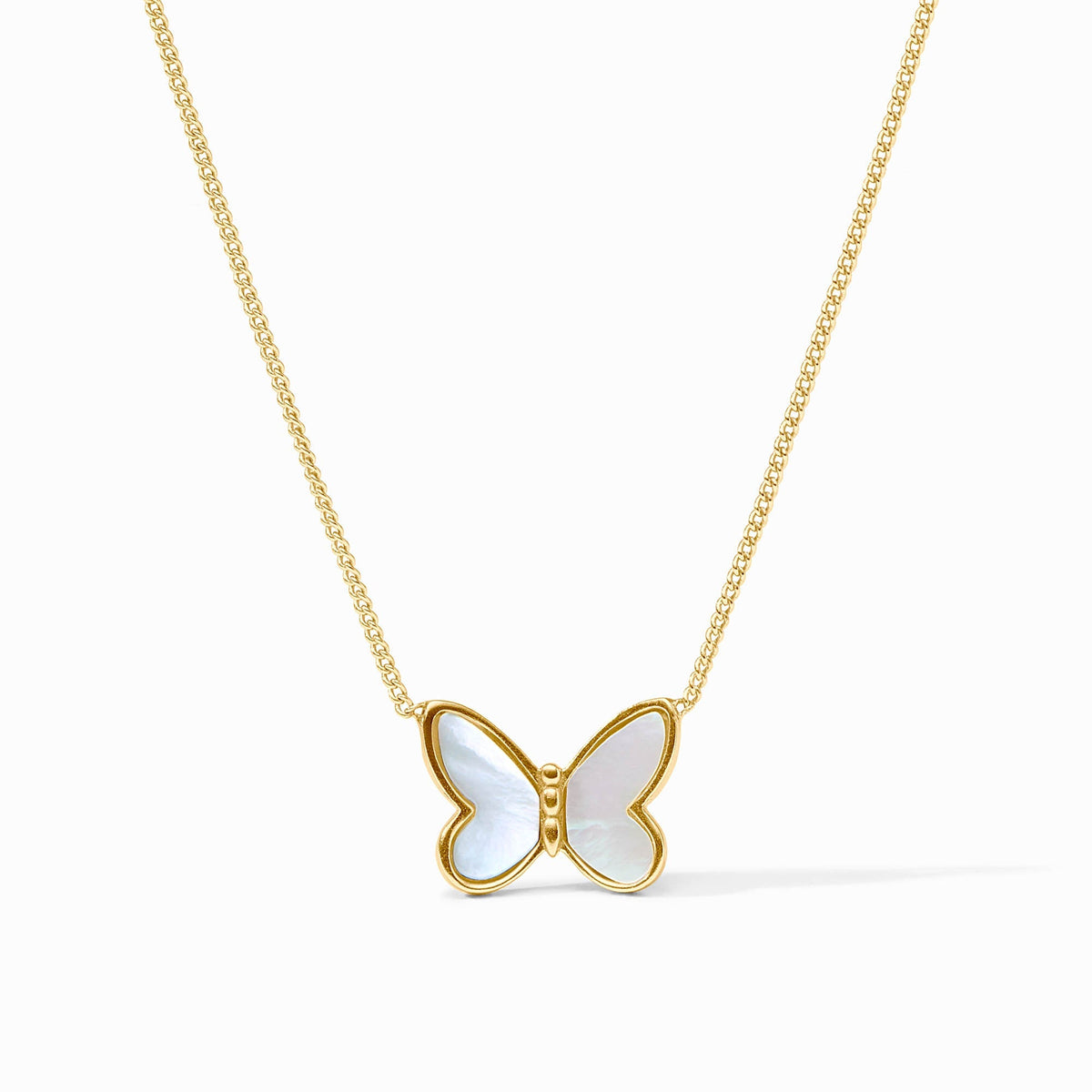 Adjustable gold-plated necklace with a mother-of-pearl butterfly pendant on an adjustable chain.