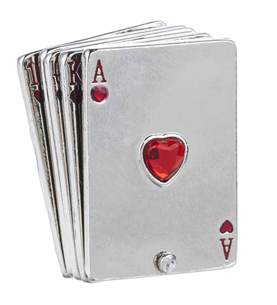 Silver playing card charm with red heart gems, featuring Ace and King.