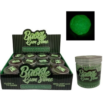 Glow in the dark green bubble gum slime in a display box and individual jar.