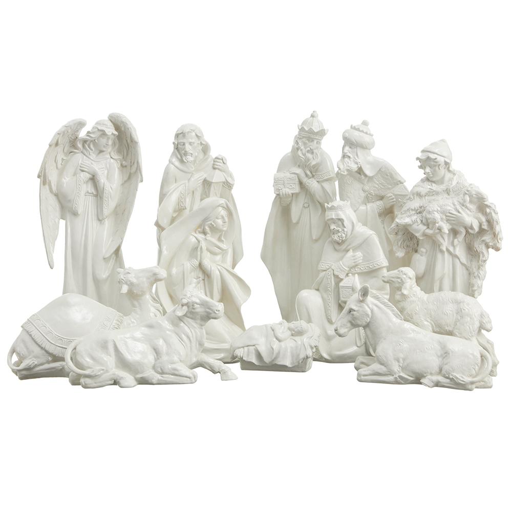11-piece white resin and stone nativity set featuring figures from 3.5 to 19 inches tall.