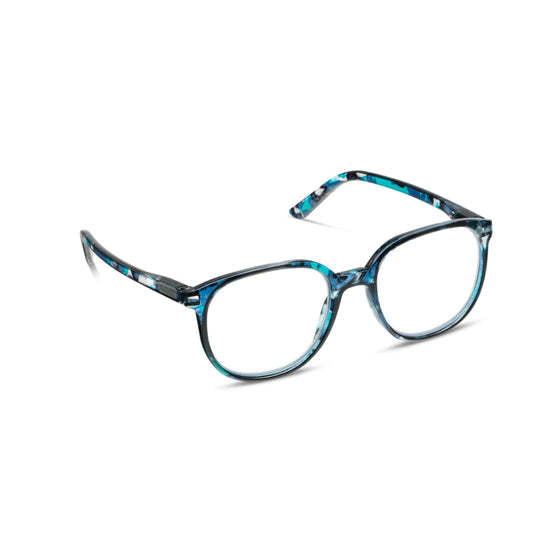 Manifest eyewear with cosmic-inspired patterns on rounded-off rims featuring blue light focus lenses.