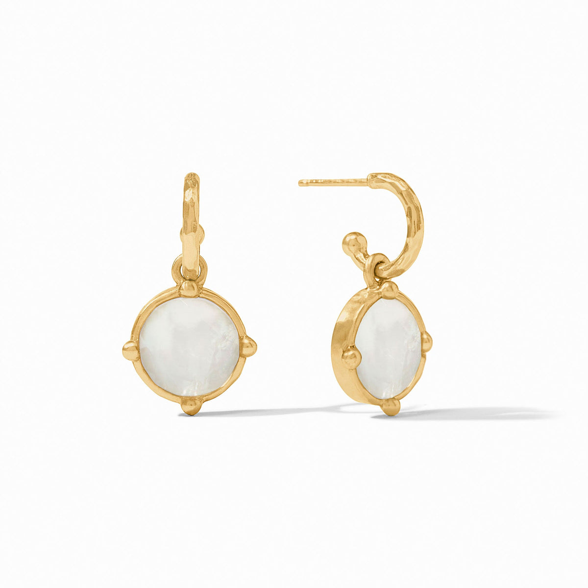 Honeybee gold hoop earrings with round white mother of pearl charms.