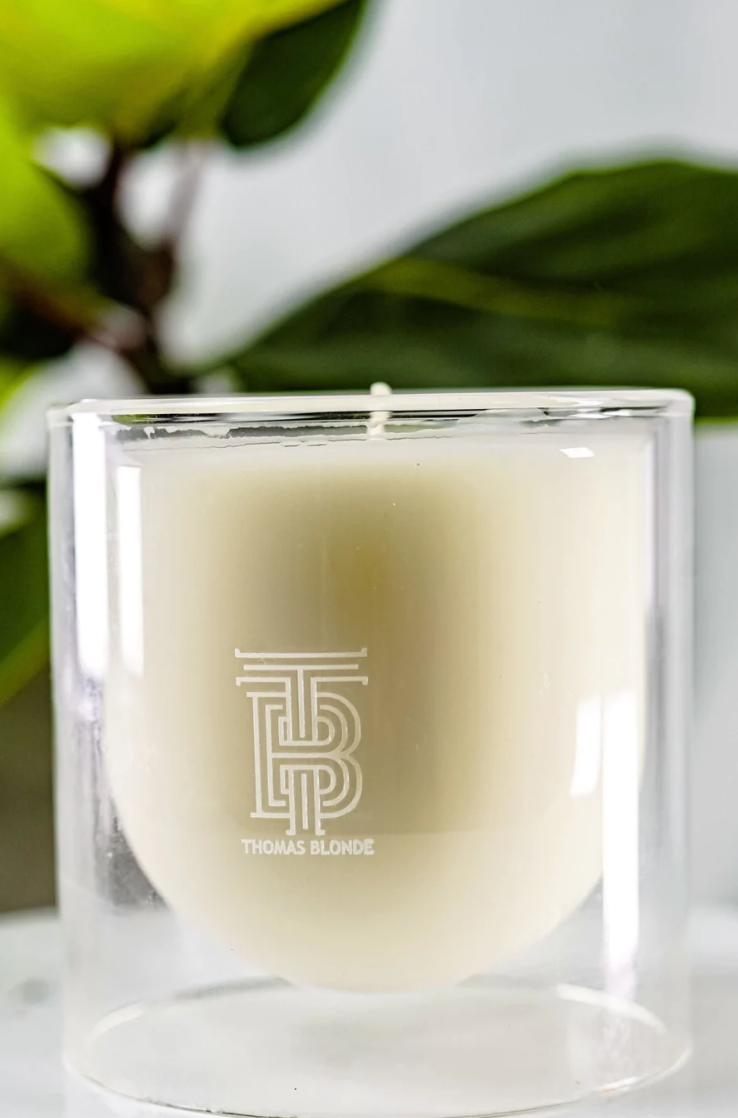 Mod Luxe Candle in a clear double-walled glass vessel with white wax.
