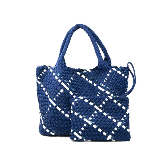 Black neoprene tote bag with a rectangular silhouette.