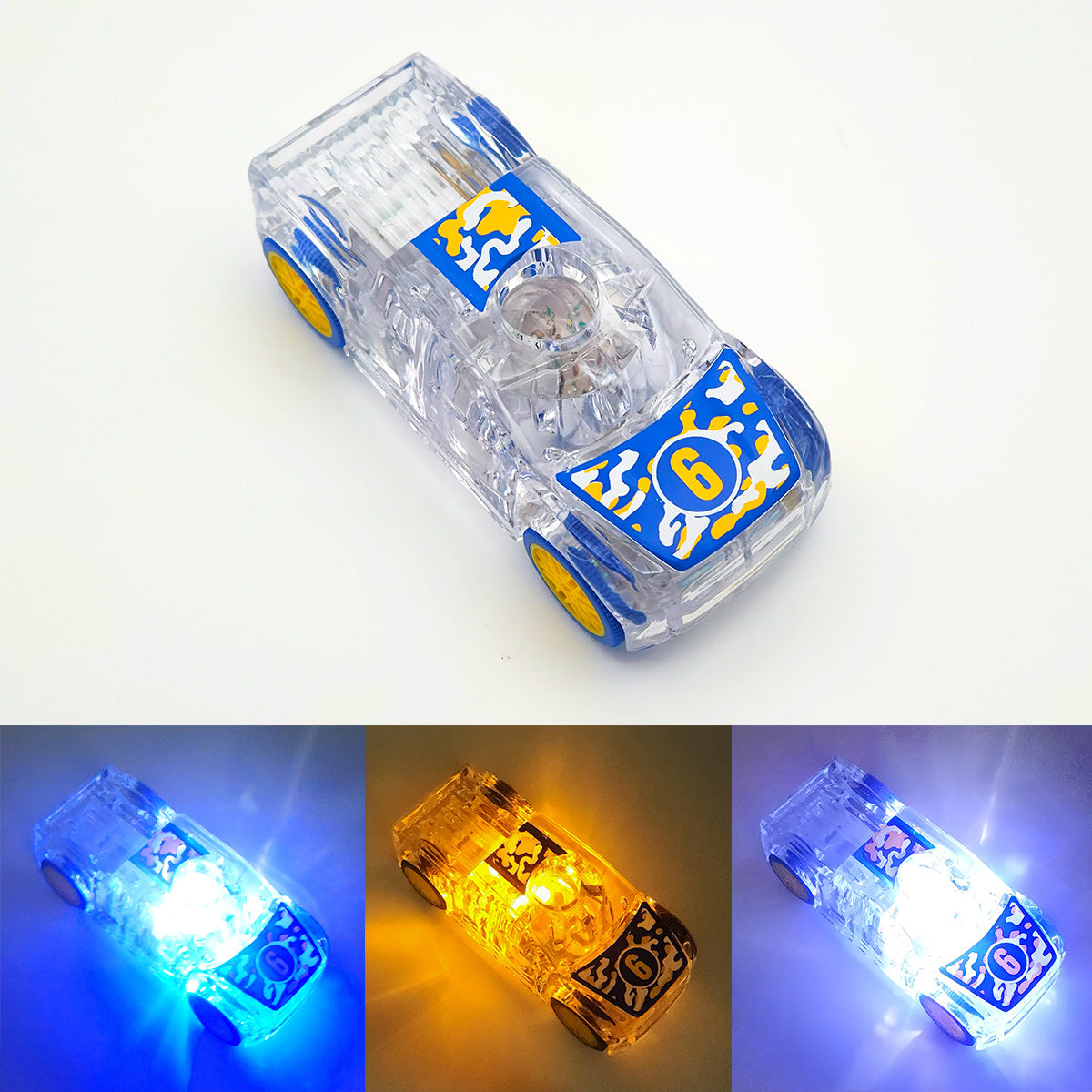 Clear toy truck with blue and yellow decals and yellow wheels, lights up in blue, yellow, and white.
