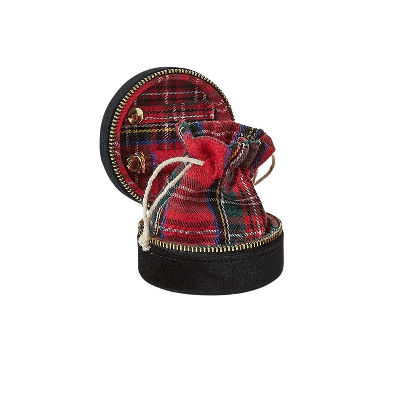 Round black velvet jewelry box with a red tartan interior and matching drawstring pouch.