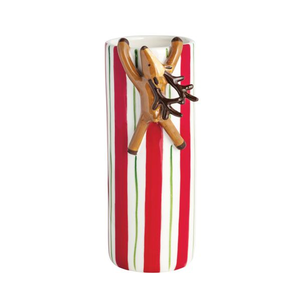 Hand-painted stoneware Bud Vase with hanging Santa attachment in festive holiday colors.
