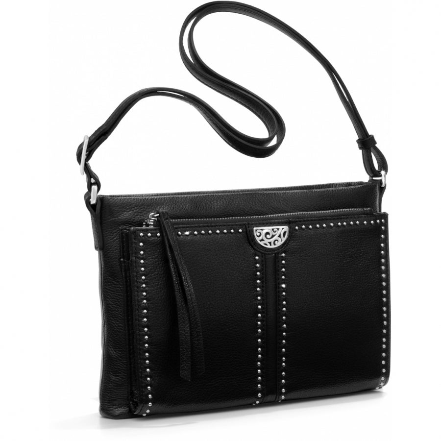 Zinc Pearl leather crossbody bag with nailhead studs, zippered compartments, and exterior pockets.
