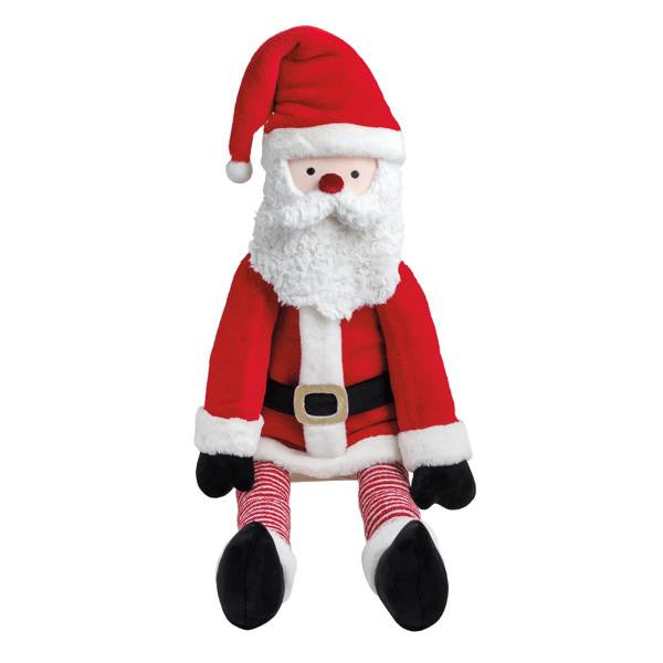 Large Santa Claus plush toy with a red suit, white beard, and striped legs.