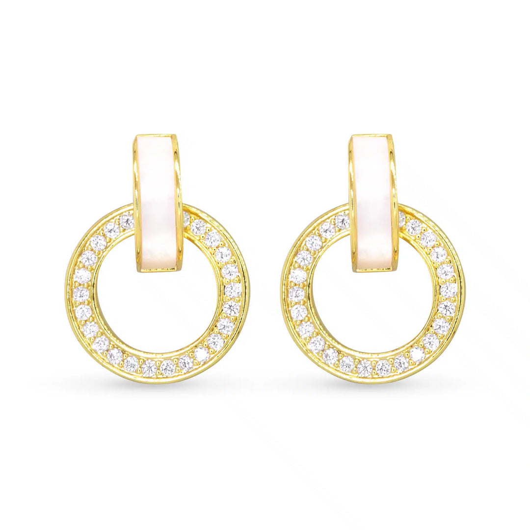 Gold hoop earrings with mother-of-pearl rectangular posts and cubic zirconia pavé circles.