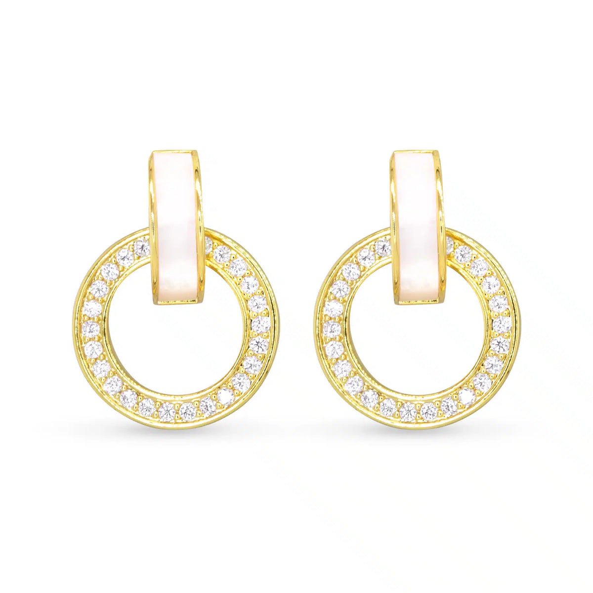 Gold hoop earrings with mother-of-pearl rectangular posts and cubic zirconia pavé circles.
