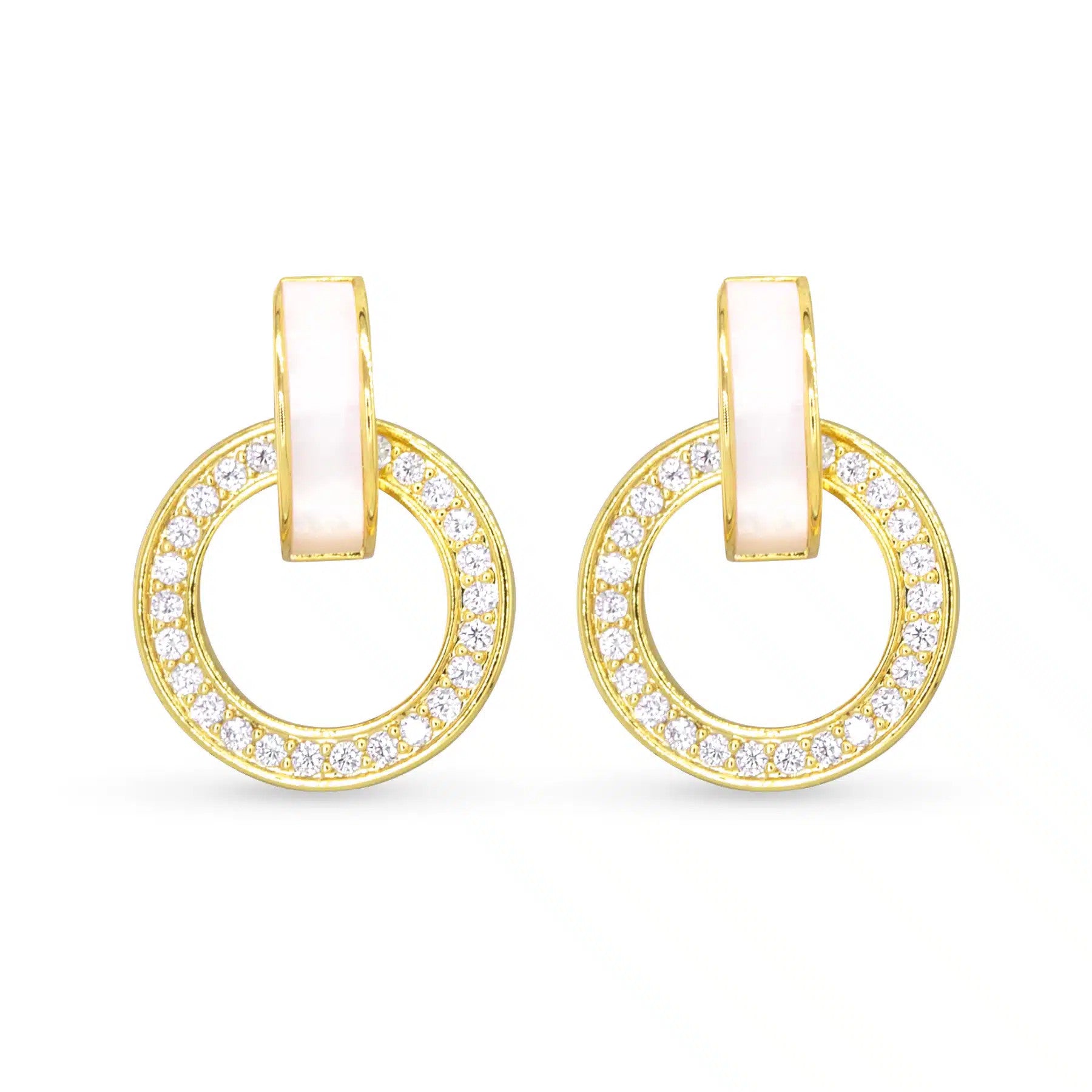 Gold hoop earrings with mother-of-pearl rectangular posts and cubic zirconia pavé circles.