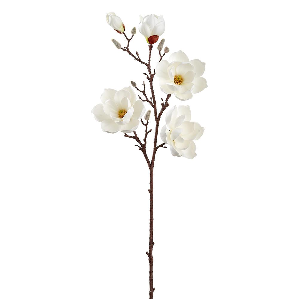 39-inch white Magnolia spray artificial flower arrangement with plastic petals on an iron wire stem.