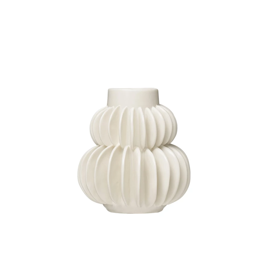 Round white handmade stoneware vase with a watertight finish.