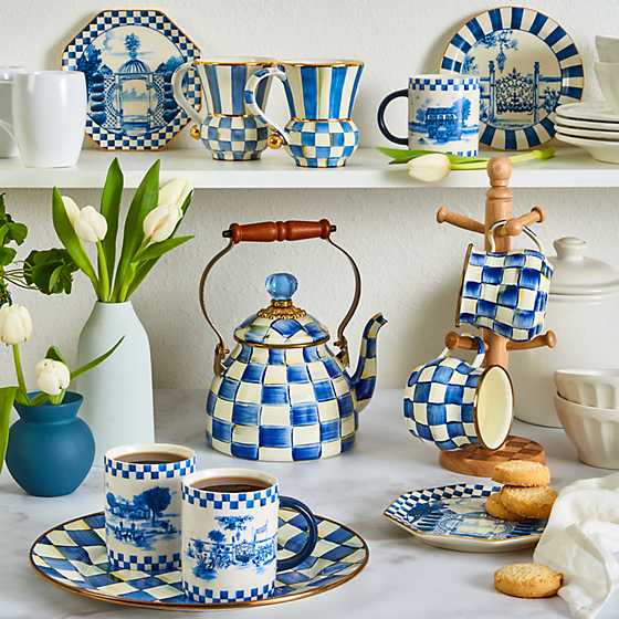 Royal Check enamel tea kettle with wood handle, brass lid accents, and hand-painted checkered pattern.