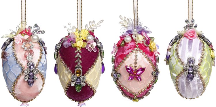 6-inch egg-shaped ornament with jeweled floral decorations on fabric-covered foam