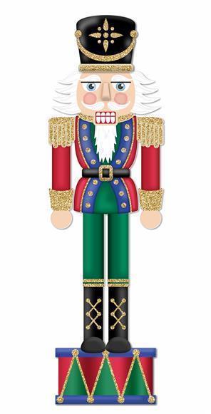 70-inch tall glitter nutcracker porch sign standing on a drum base with red and green accents.