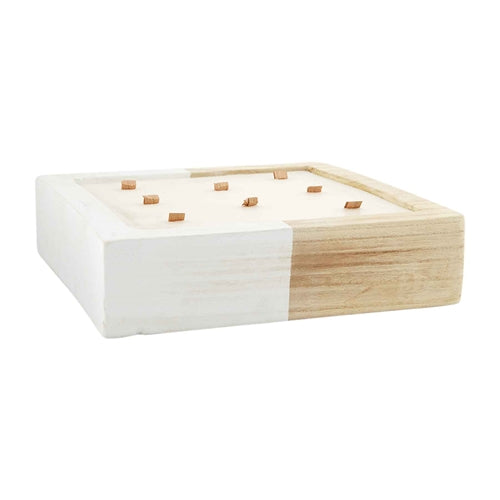 Square Paulownia wood candle holder with a natural grain finish
