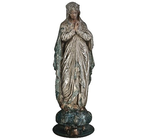 12-inch Holy Mary statue in a prayerful pose with a weathered metallic finish on a circular base.
