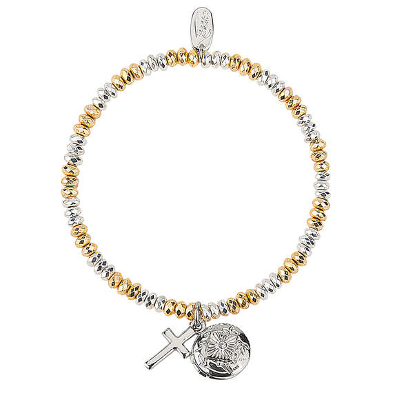 Two-tone beaded locket bracelet with silver cross and round locket charms.