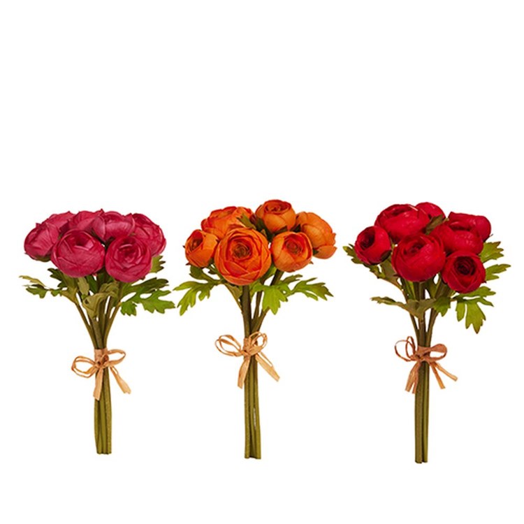 Eleven-inch soft touch ranunculus bundle in muted color made of foam and polyester.