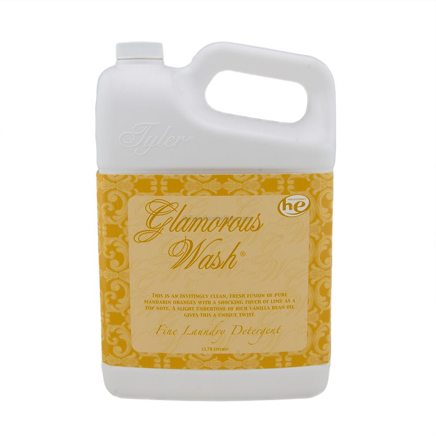 A 3.78L white plastic jug of Tyler Glamorous Wash laundry detergent with a yellow patterned label.