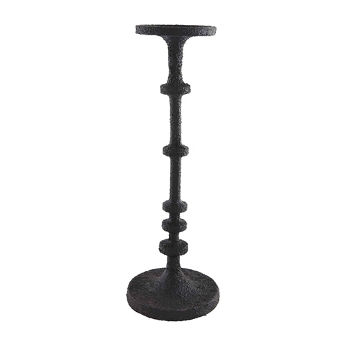 Black metal candlesticks with a sleek cylindrical silhouette.