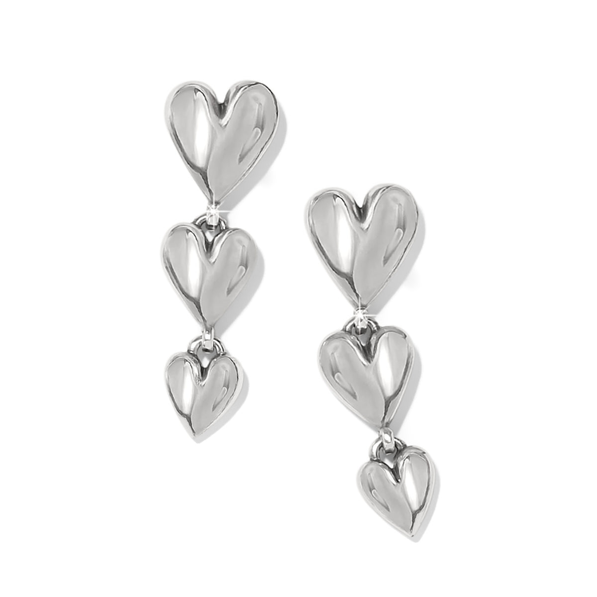 Silver Cascade Heart Trio Post Drop Earrings featuring three tiered hearts in a vertical row.